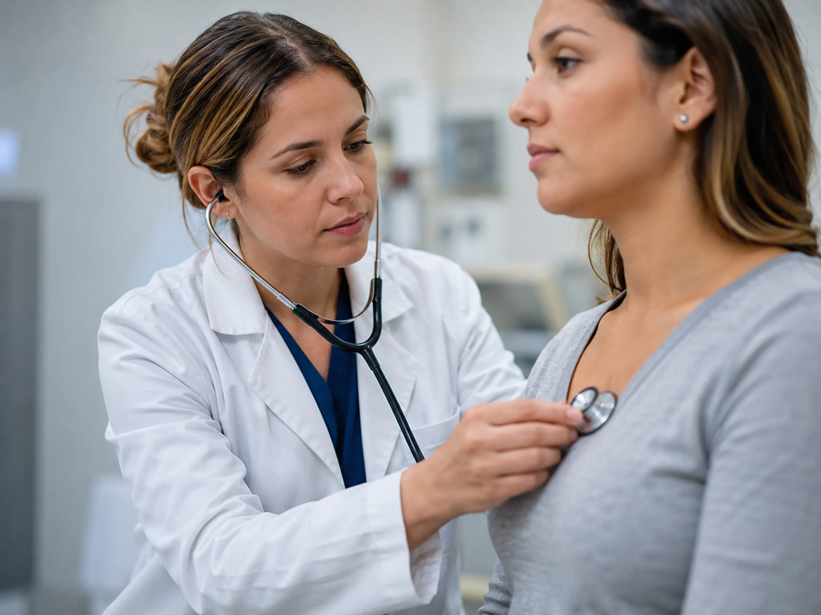 Doctor examining a patient with a stethoscope during a clinical assessment