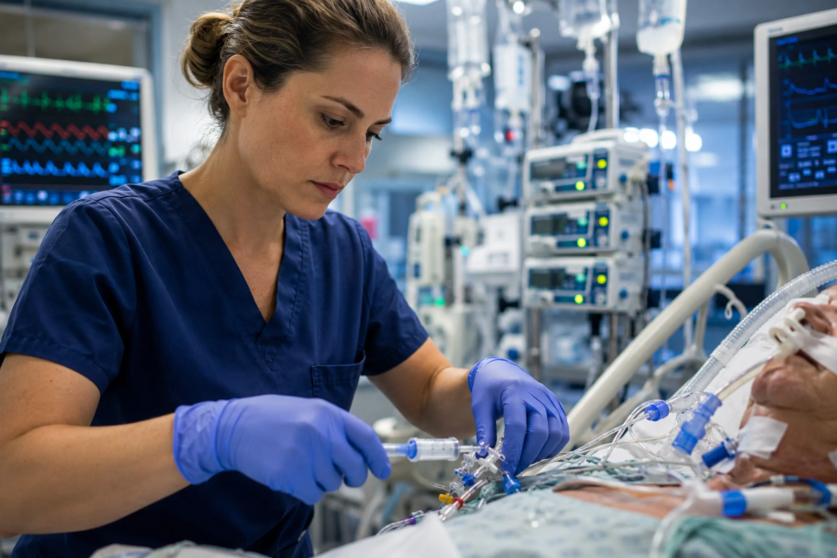 Critical care nurse caring for a patient in an intensive care unit