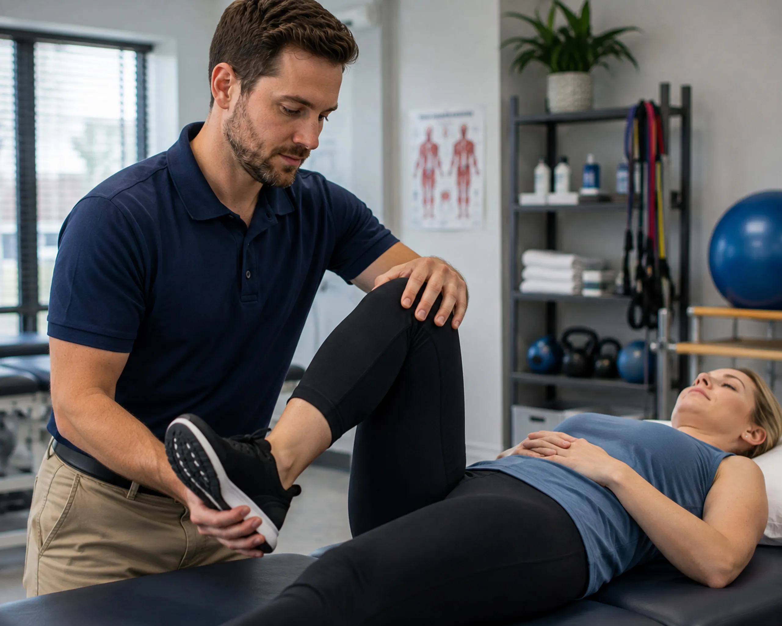 Physical therapist assisting a patient with a leg mobility exercise