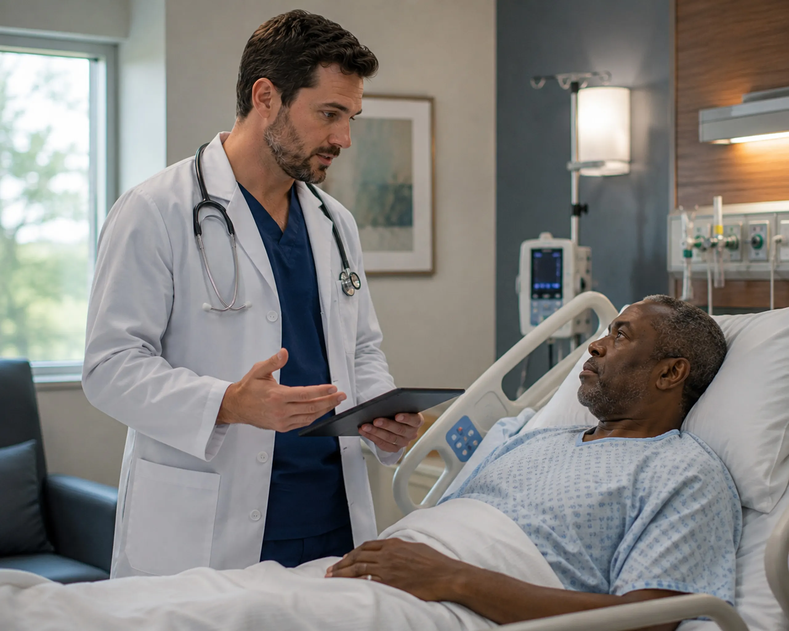 Physician providing care to a hospitalized patient during medical rounds