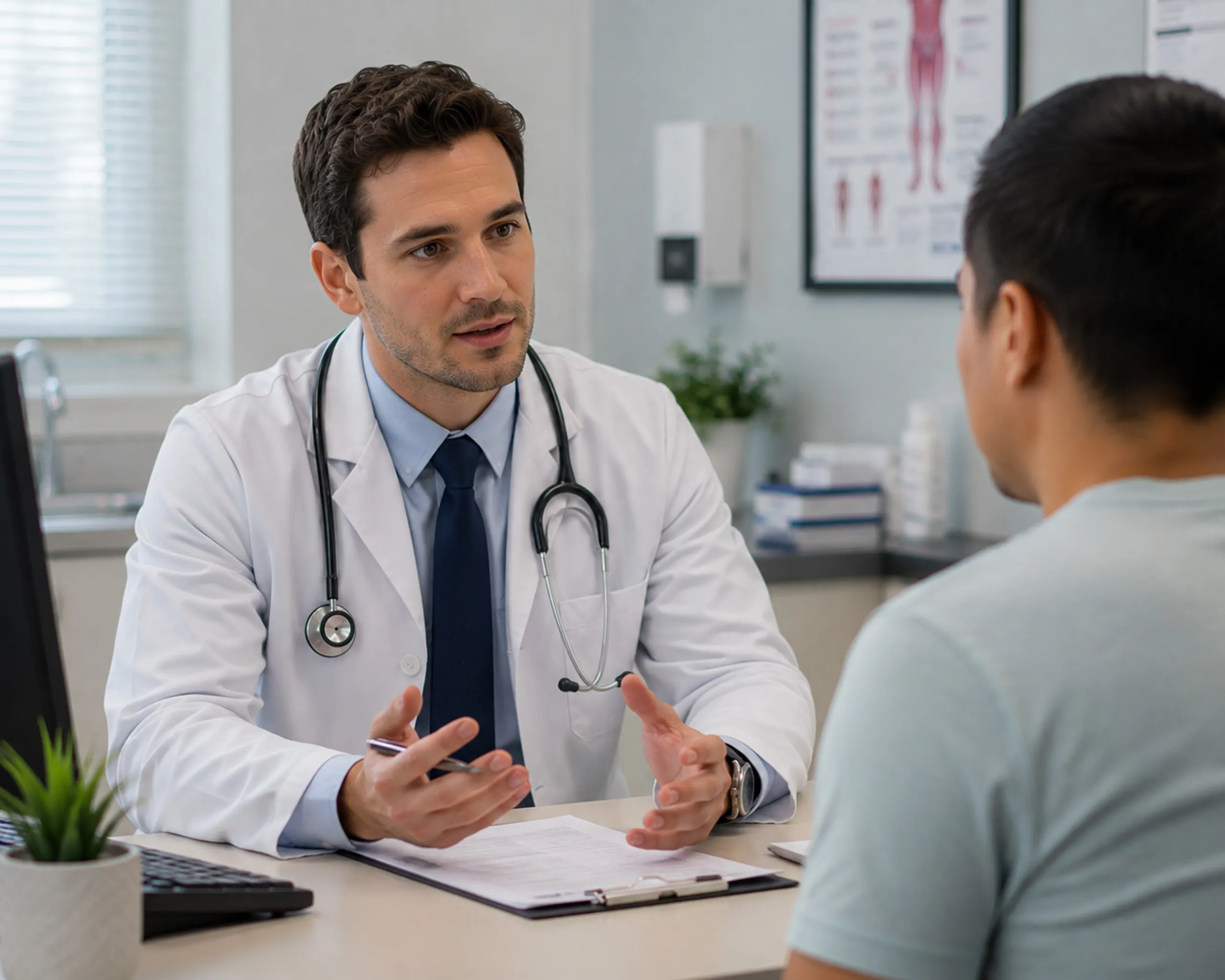 Doctor consulting with a patient during a clinic visit