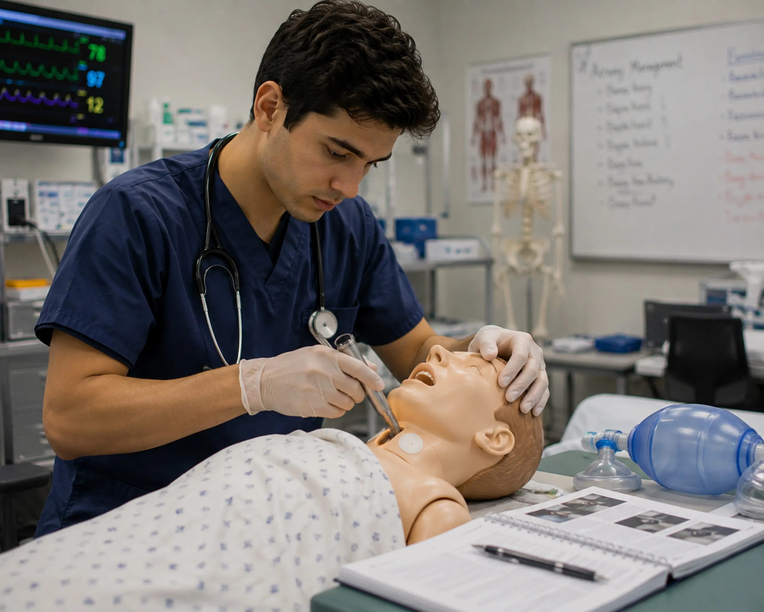 Medical student practicing a clinical procedure on a training mannequin