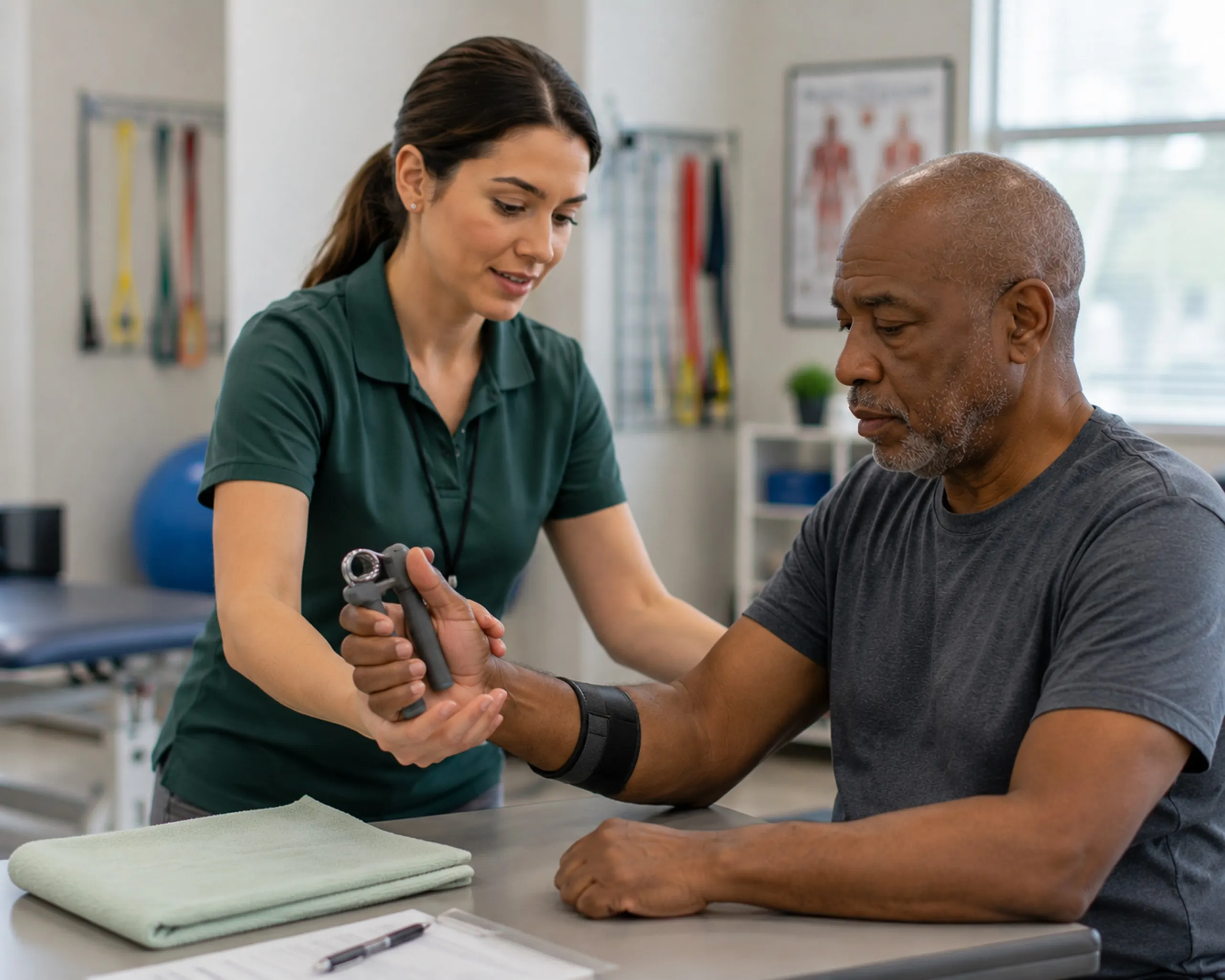 Occupational therapist guiding a patient through a hand-strengthening exercise