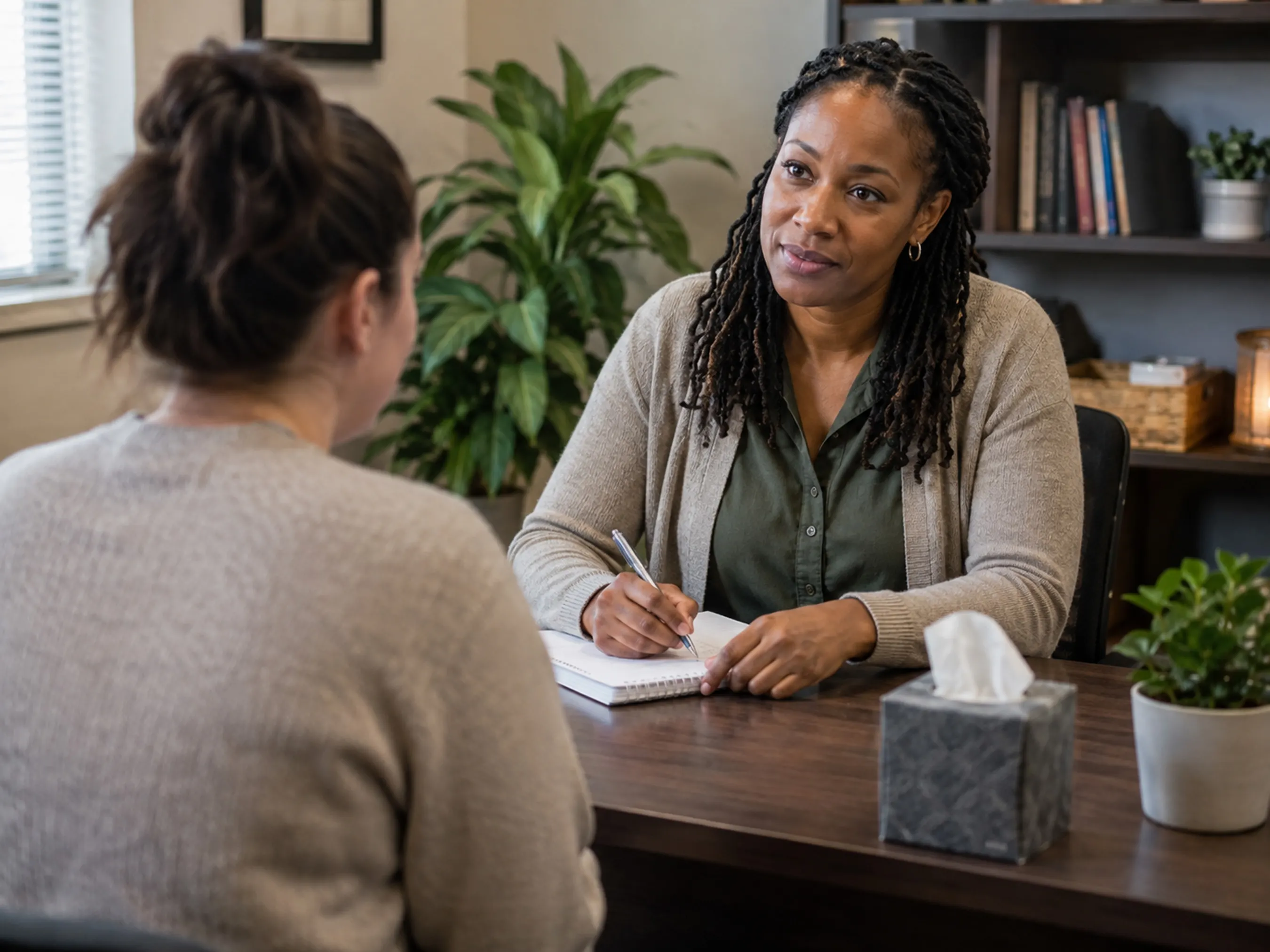 Social worker listening to a client during a counseling session